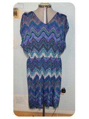 Christine V Plus Size 4X Blue Dress Faux Bead Chevron Summer Hi Low Sundress
